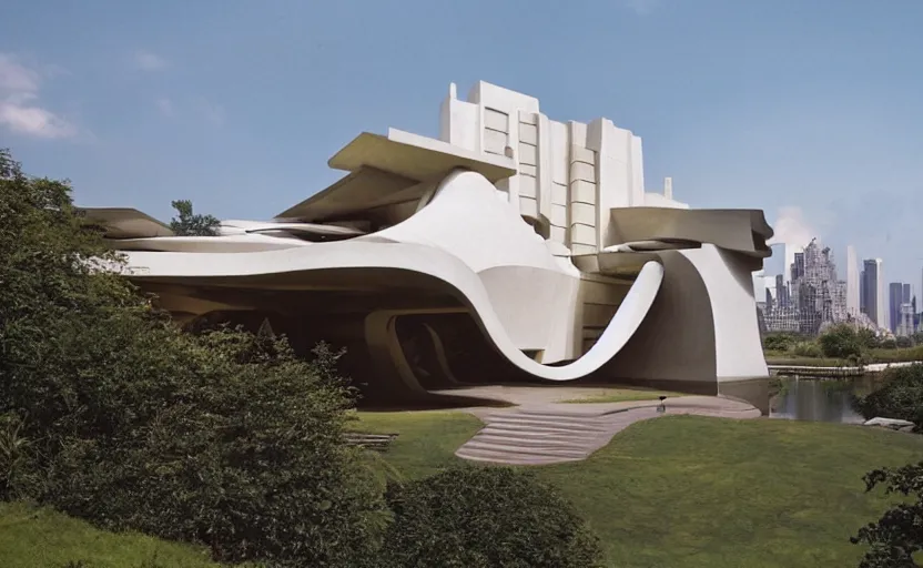 Image similar to an architectural masterpiece by frank Lloyd wright and Zaha hadid