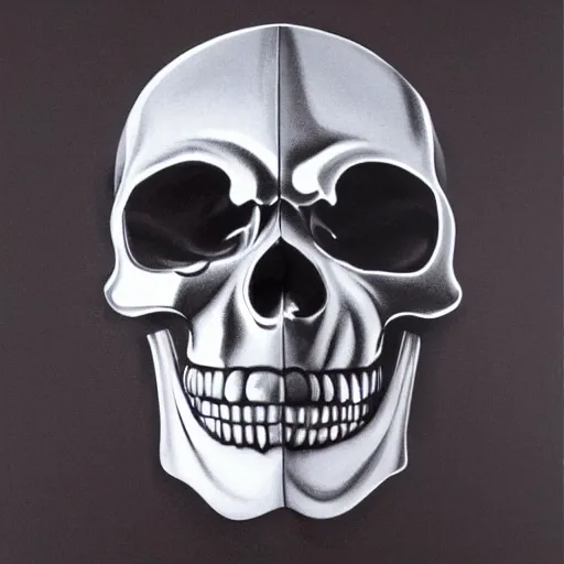 Prompt: airbrush painting of a chrome - plated skull on a black background