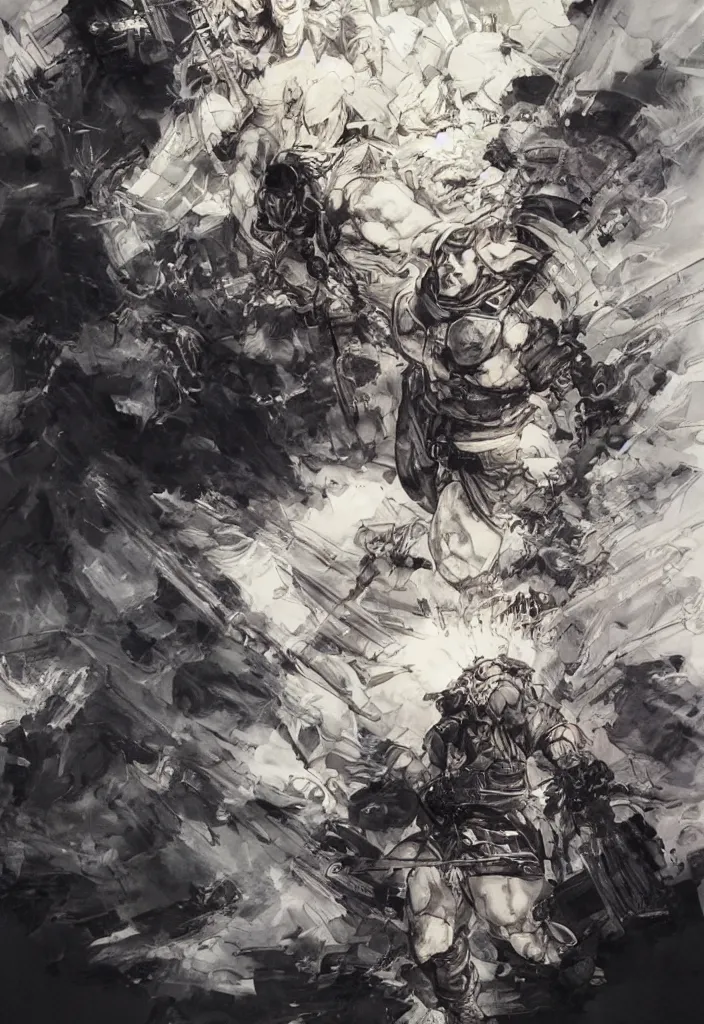 Prompt: gladiator, clouds, lasers, painting by greg ruthowski, yoshikata amano, yoji shinkawa, alphonse murac, collaborative artwork, beautifully drawn, heavily detailed