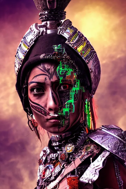 Prompt: portrait photo of female magical aztec warrior as a cyberpunk cyborg head - realistic and detailed, hdr 8 k