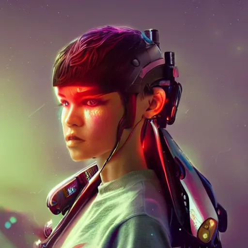 Image similar to A Stunning portrait of cyborg teen girl, art by Ross tran, vivid color palette, digital painting, 3D, octane render, post process in Photoshop, highly detailed, particles, light effect, volumetric lighting