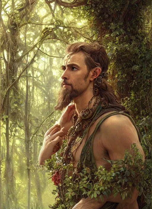 Prompt: intricate detailed portrait painting of a male druid, temple ruins surrounded by lush forest, afternoon, intricate, elegant, highly detailed, digital painting, sharp, focus, illustration art by artgerm and greg rutkowski and alphonse mucha