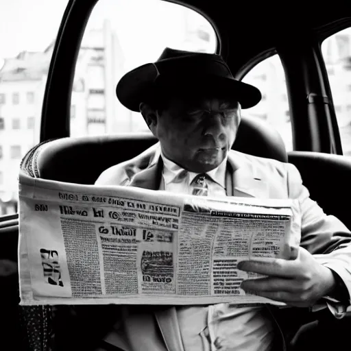 Image similar to a cat in a suit in back of taxi reading a newspaper, black and white, canon camera,