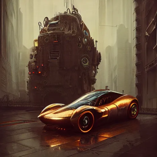 Image similar to cyborg cyber vintage supercar slick warm tones : by michal karcz, daniel merriam, victo ngai and guillermo del toro : ornate, dynamic, particulate, intricate, elegant, highly detailed, centered, artstation, smooth, sharp focus, octane render