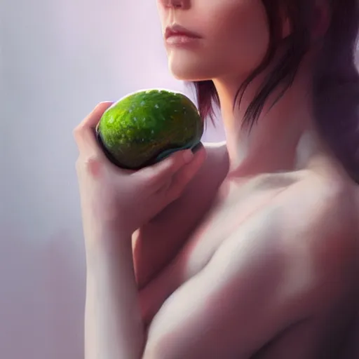 Image similar to lauren walsh lovingly cradling an avacado, fullbody, ultra high detailed, oil painting, greg rutkowski, charlie bowater, yuumei, yanjun cheng, lauren walsh, unreal 5, daz, hyperrealistic, octane render, rpg portrait, dynamic lighting, fantasy art, beautiful face