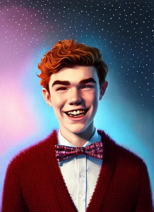 Image similar to portrait of teenage archie andrews, freckles, curly middle part haircut, curly hair, middle part hairstyle, smiling kindly, wearing a bowtie and sweater vest, intricate, elegant, glowing lights, highly detailed, digital painting, artstation, concept art, smooth, sharp focus, illustration, art by wlop, mars ravelo and greg rutkowski