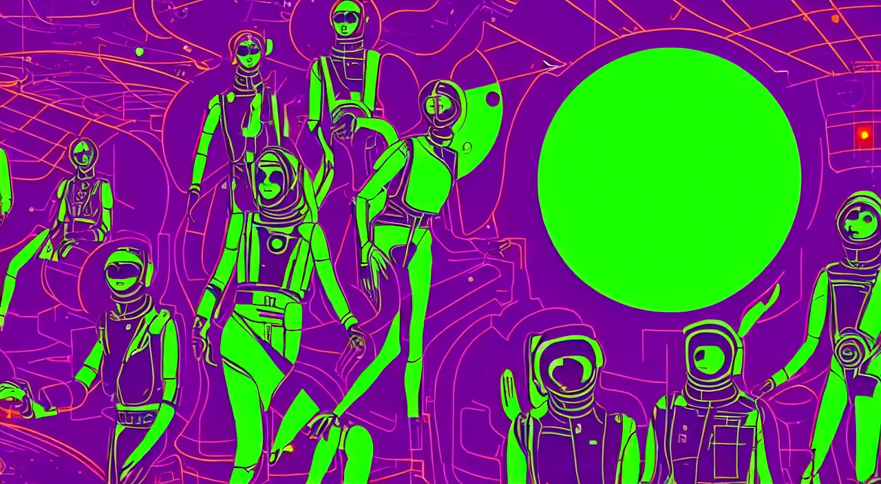 Image similar to hyper detailed bauhaus neon purple & green propaganda poster of mars workers from the 2050s cinematic lighting 8k sharp wide angle shallow depth of field