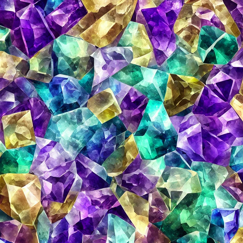 Image similar to amethyst geo gemstone prism multicolor gold liquid emeraud pearl quartz saphir grenat fluorite stylized digital illustration video game icon
