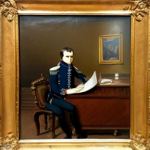 Image similar to 1 8 0 0 s oil painting of napoleon sitting in a contemporary office desk, 8 k, very intricate, very detailed,