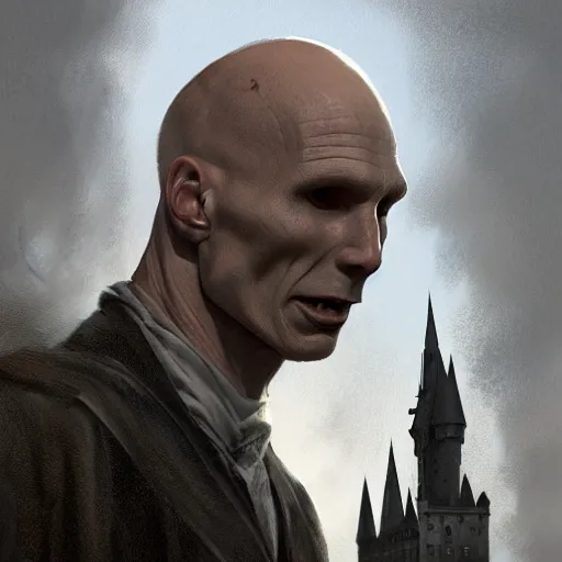 Image similar to portrait of voldemort and harry potter, exudes terror, castle, mysterious breath, spitfire, photography, hyperrealistic, by greg rutkowski, smooth, illustration, elegant, artstation, digital painting.