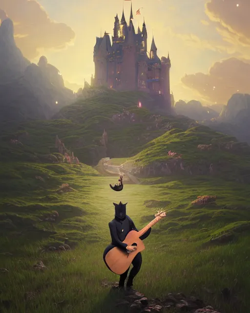 Image similar to highly detailed surreal vfx portrait antropomorphic rat holding guitar looking castle in the distance stephen bliss unreal engine greg rutkowski loish, rhads, beeple, makoto shinkai and lois van baarle ilya kuvshinov rossdraws, tom bagshaw, alphonse mucha, global illumination, detailed and intricate environment