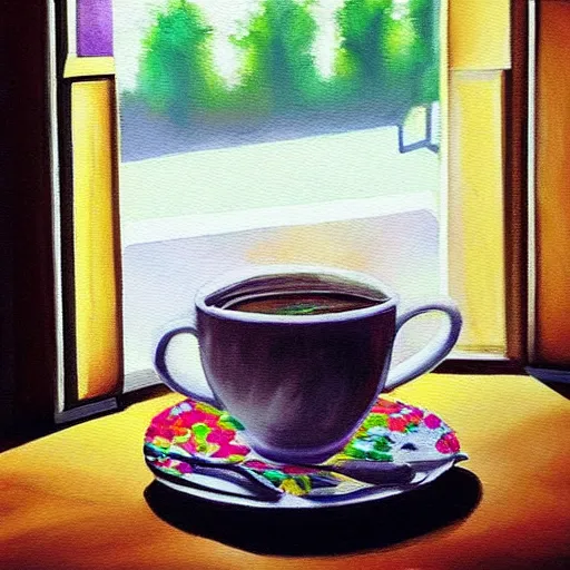 Image similar to “ photorealistic painting of a breakfast table with a steaming cup of coffee and a newspaper. the window behind it shows a colorful neighborhood with sun shining in the window ”