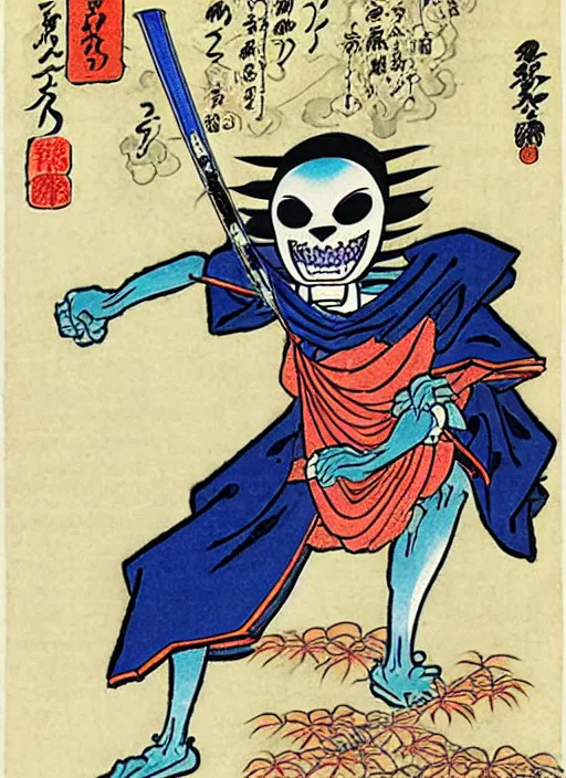 Image similar to skeletor as a yokai illustrated by kawanabe kyosai and toriyama sekien