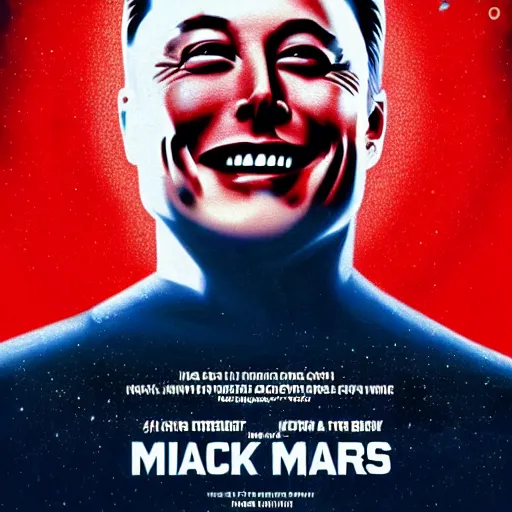 Image similar to movie poster of elon musk as a villain who looks at the planet mars with a macabre smile, his face is illuminated with a red light, drew struzan style