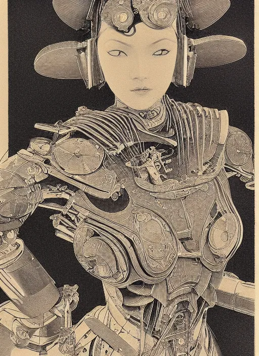 Prompt: 2 d illustration, grained risograph, old wetplate daguerreotype portrait of a futuristic silver armored geisha district 9 cyborg, parallax, fractal, intricate, elegant, highly detailed, subsurface scattering, by jheronimus bosch and moebius louis jacques mande daguerre and szukalski