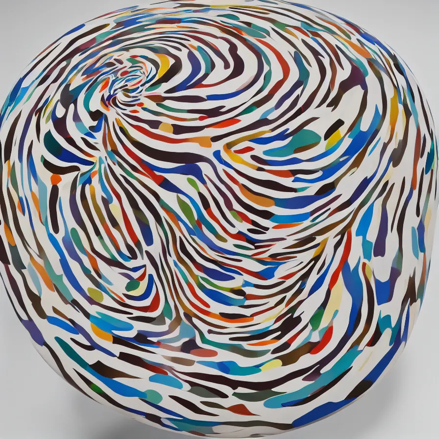 Image similar to beautiful gallery show studio photograph of a giant realistic ceramic sculpture of a round cat!!!!!, glazed by bridget riley and victor vasarely, placed on a polished wooden table, colorful hyperrealism 8 k trending on artstation