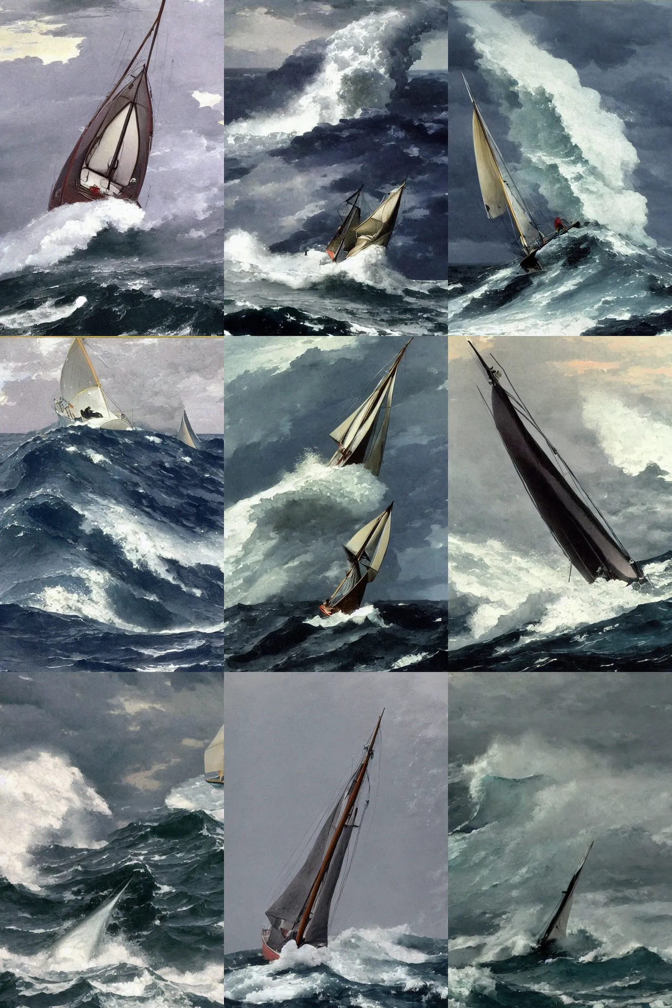 Prompt: photo of a sailing yacht in a severe storm, high seals and huge waves portraying helplessness by Winslow Homer