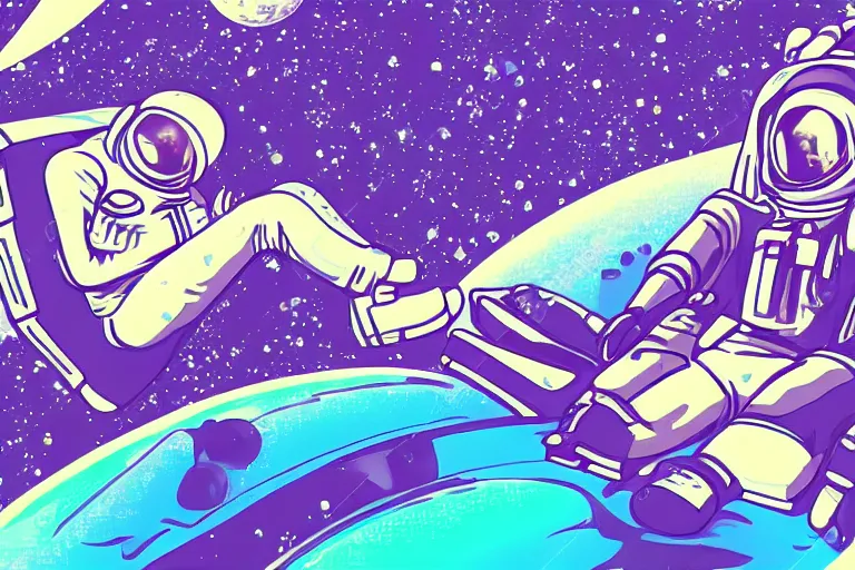 Image similar to an astronaut lounging in a tropical resort in space in a vaporwave style