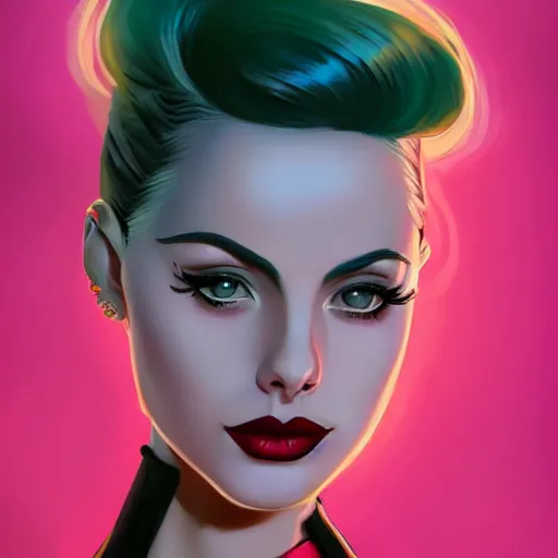 Prompt: a portrait of a beautiful willa holland as a 1 9 5 0 s rockabilly greaser, art by lois van baarle and loish and ross tran and rossdraws and sam yang and samdoesarts and artgerm, digital art, highly detailed, intricate, sharp focus, trending on artstation hq, deviantart, unreal engine 5, 4 k uhd image