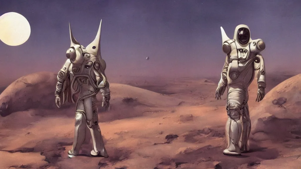 Image similar to futuristic organic spacesuit design by john schoenherr and jim burns, epic cinematic matte painting