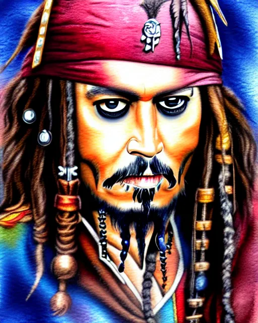 Image similar to portrait of captain jack sparrow, painterly style, matte illustration, watercolour