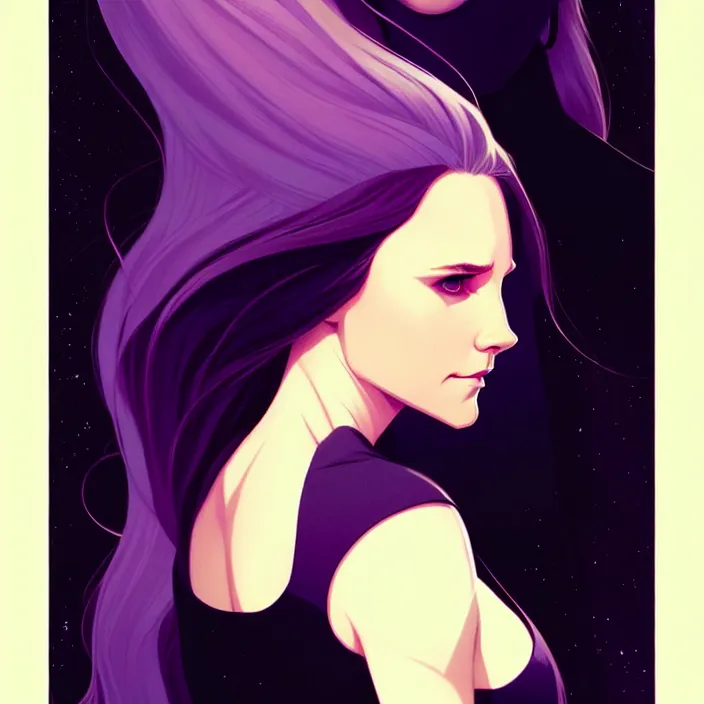 Prompt: style artgerm, joshua middleton, phil noto, beautiful kristen bell with black dress, very long white hair, symmetrical face, symmetrical eyes, purple fire powers fire swirling, detailed, forest setting, cinematic lighting