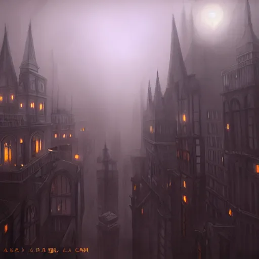 Image similar to victorian city, dark, misty, at night, 8 k, detailed, concept art, trending on artstation