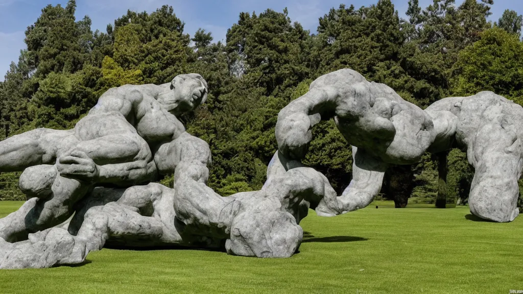 Prompt: a colossal impossible granite sculpture garden by michelangelo and henry moore and david cerny, on a green lawn, distant mountains, 8 k, dslr camera, an enemy's treasure candy, ( an edible garter around the earth ), award winning
