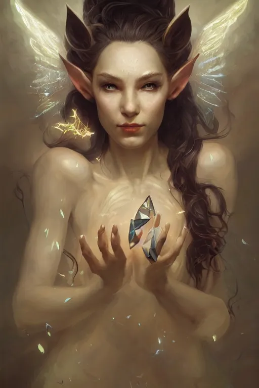 Image similar to portrait of a beautiful elf casting magic spell holding diamonds, angel, fantasy, dramatic lighting, highly detailed, digital painting, holding electricity, magic the gathering, hyper detailed, 3 d render, hyper realistic detailed portrait, peter mohrbacher, wlop, ruan jia