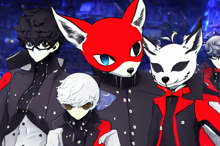 Image similar to persona 5 : royal ( by atlus ) video game splash screen, a furry male sandcolored tan fox fursona ( has hair ), persona 5 phantom thief style