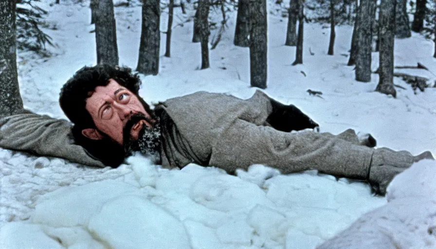 Prompt: 1 9 6 0 s movie still of marcus aurelius frozen to death under the snow by the side of a river with gravel, pine forests, cinestill 8 0 0 t 3 5 mm, high quality, heavy grain, high detail, texture, dramatic light, anamorphic, hyperrealistic, detailed hair, foggy