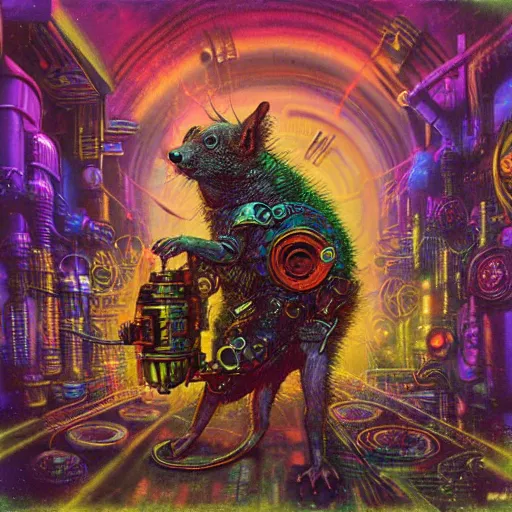 Prompt: steampunk rat, acid, 303, psychedelic, by paul lehr, cd cover for techno artist