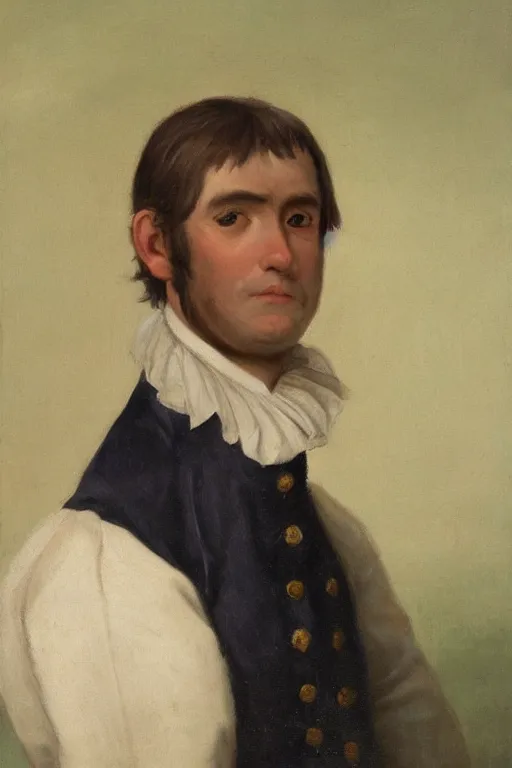 Image similar to a head and shoulders portrait painting of an anthropomorphic!!!!!!!!!! donkey!!!!!!!!!! wearing a colonial outfit without a hat looking off camera, a character portrait, american romanticism, oil on canvas, soft focus