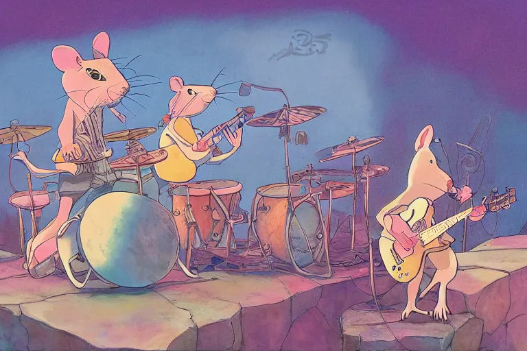 Image similar to rats playing in a rock band inspired by the beatles, beautiful, dreamlike, wholesome, ghibli and disney animation, sharp, intricated, art by ken anderson and mel shaw, bloom, dramatic lighting, brown palette,