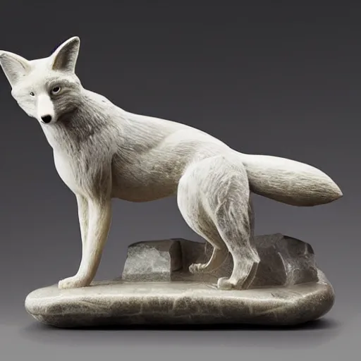 Image similar to A marble sculpture of a fox. Intricate detail, museum photo