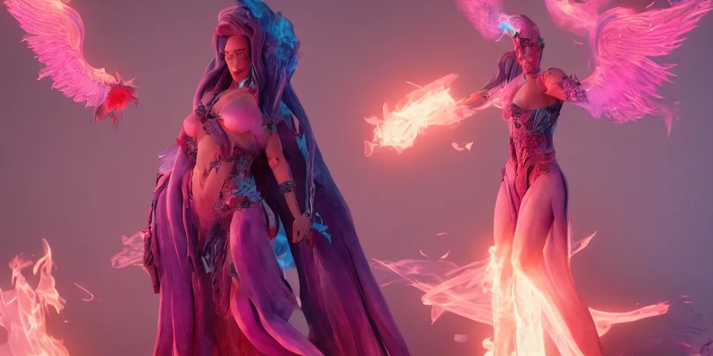 Prompt: pink and blue humanoid woman flaming phoenix, character portrait, unreal engine 5, intricate, detailed, realistic, masterpiece