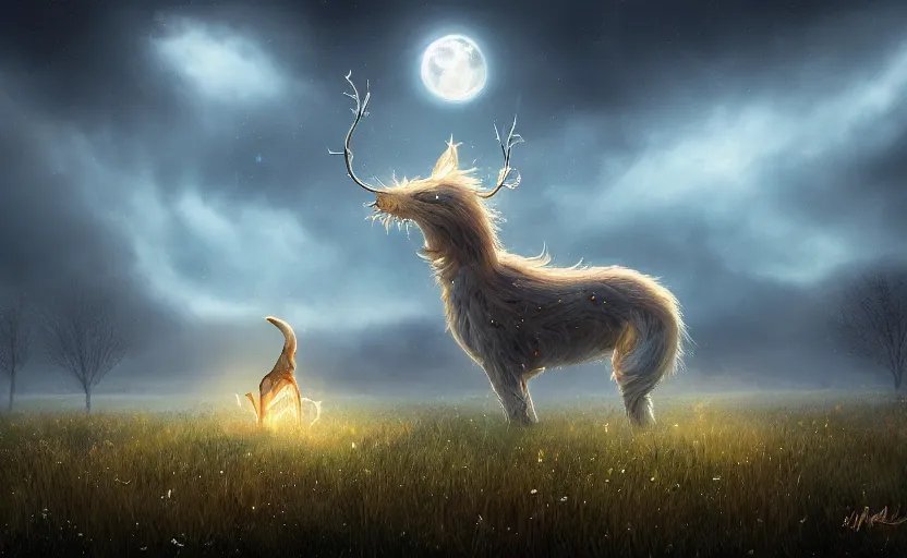 Prompt: a whimsical magical glowing creature in a field, beautiful, cool dynamic lighting, moonlight, atmospheric, cinematic, highly detailed digital art, painted by scott musgrove