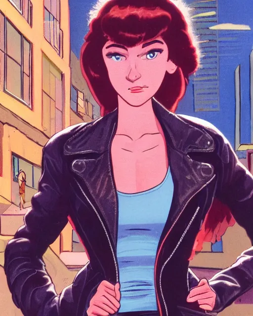 Image similar to portrait of an attractive young female protagonist wearing leather jacket, center focus, in city street, detailed artwork by ralph bakshi