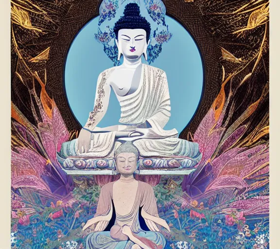 Prompt: breathtaking detailed concept art painting art deco pattern a beautiful buddha with pale skin on sitted on an intricate metal throne, hands pressed together in bow, light - blue flowers with kind piercing eyes and blend of flowers and birds, by hsiao - ron cheng and john james audubon, bizarre compositions, exquisite detail, extremely moody lighting, 8 k h 1 0 2 4