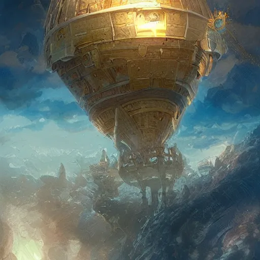Prompt: the last king of the floating city descending to the sea in his gilded airship, detailed, professional lighting, by Marc Simonetti