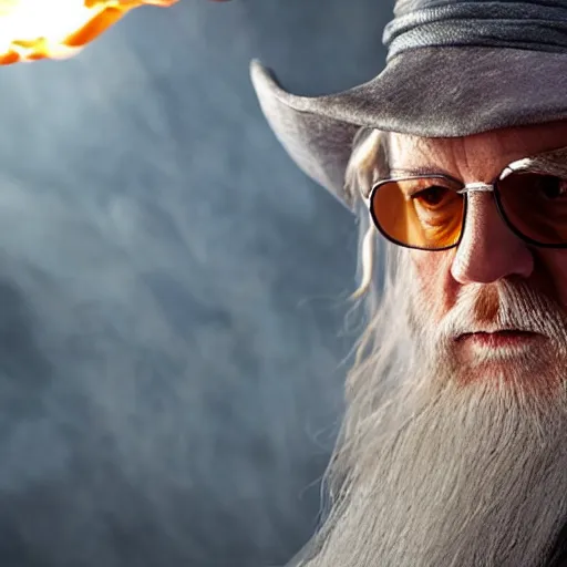 Prompt: face portrait of gandalf wearing sunglasses, fire in the background