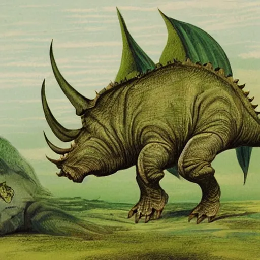 Prompt: a natural history illustration of a green triceratops by john gould