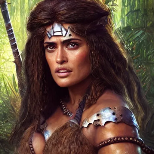 Prompt: portrait of salma hayek as barbarian warrior in a jungle, au naturel, hyper detailed, digital art, trending in artstation, cinematic lighting, studio quality, smooth render, unreal engine 5 rendered, octane rendered, art style by klimt and nixeu and ian sprigger and wlop and krenz cushart.