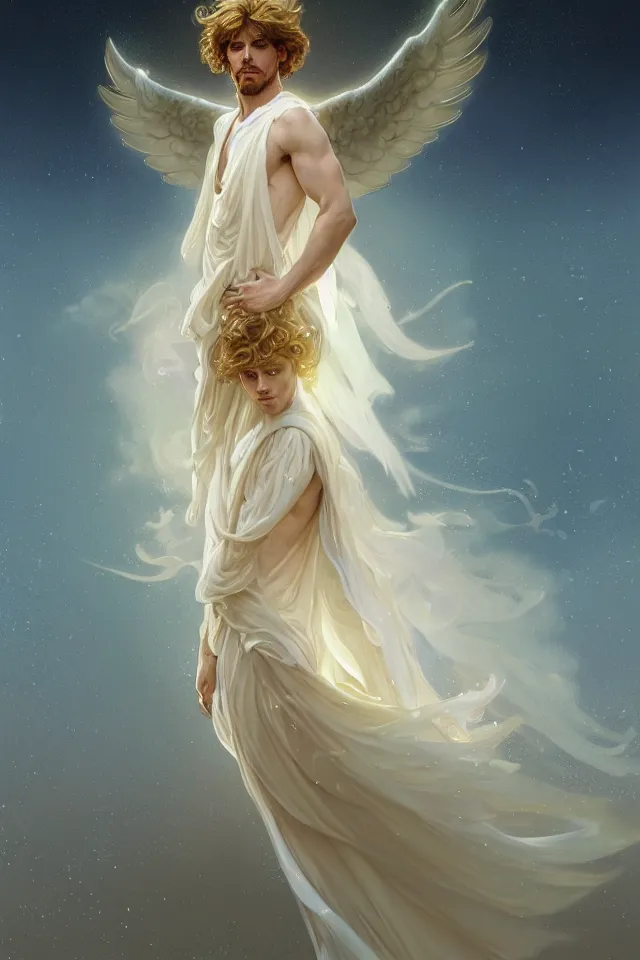 Image similar to fullbody portrait of a beautiful young fit male angel with curly blond hairs, full dressed in long fluent clothes, majestic big dove wings, luminous halo, by greg rutkowski and alphonse mucha, gradient white to gold, in front of an iridescent background, highly detailed portrait, digital painting, artstation, concept art, smooth, sharp focus illustration