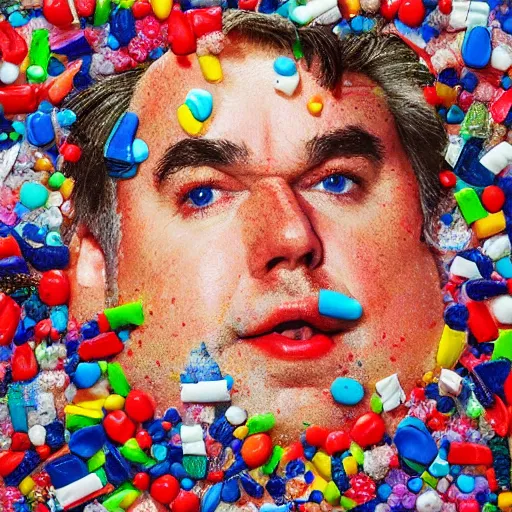 Image similar to a portrait of of john candy constructed from candy, collage, drop shadow, organic, layered composition, layers, texture, mcu, petals, highly textured, layered, sculpted, dynamic,