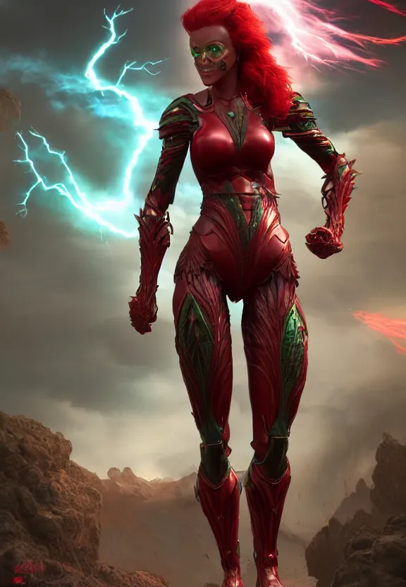 Image similar to vfx, octane render, zbrush, one beautiful anatomically correct woman, wearing spandex armour with flowing red hair and green eyes, super hero full body, walking towards the camera, volumetric lightning, highly detailed, concept art, art station, center of picture.