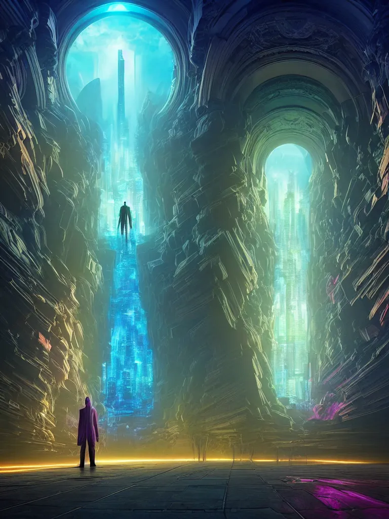 Prompt: entrance to ethereal realm, god waiting, rendered in unreal engine, central composition, symmetrical composition, dreamy colorful cyberpunk colors, 6 point perspective, fantasy landscape with anthropomorphic!!! terrain!!! in the styles of igor morski, jim warren, and rob gonsalves, intricate, hyperrealistic, volumetric lighting, neon ambiance, distinct horizon