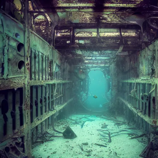 Image similar to abandoned rusty underwater city, surreal, horror, eerie, creepy, murky water, underwater, underwater photography, dark, submechanophobia, animatronics,