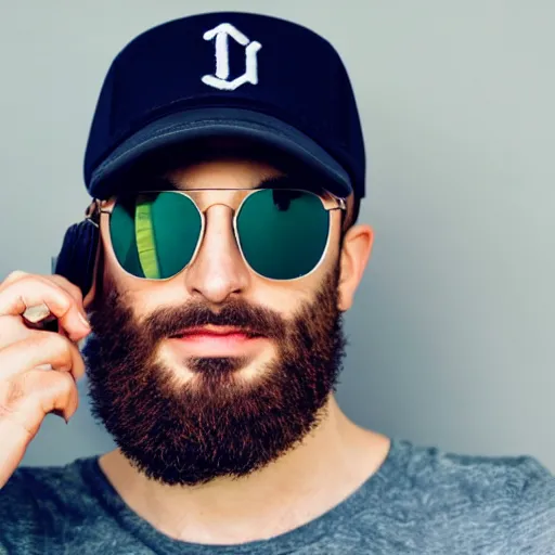 Prompt: 25 year old handsome italian man with beard wearing baseball hat and sunglasses holding phone to ear with one hand, while holding other hand up looking at wristwatch smiling patiently
