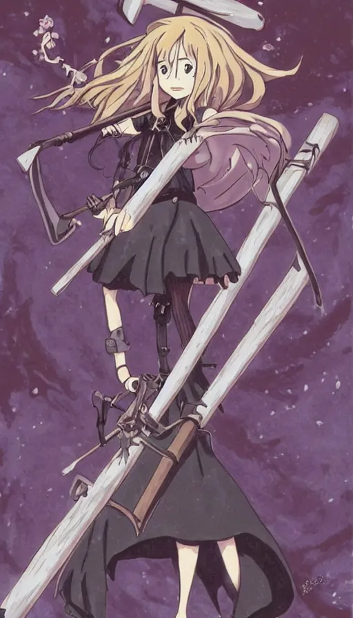 Image similar to a beautiful link drawing of the being death as a cute anime girl with a giant scythe from a studio ghibli film inspired by the death tarot card, dark vibes